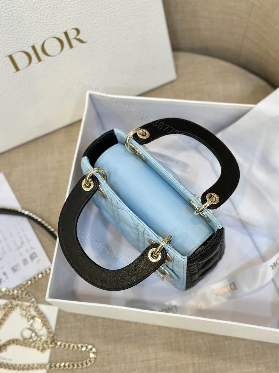 View 4 of Dior Lady Mini Handbag for Women Ice Blue Super Quality Cowhide 18cm