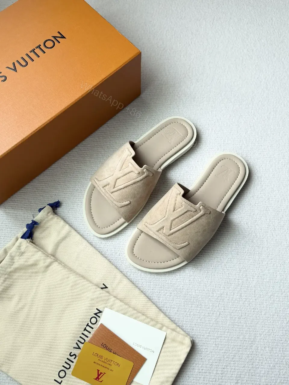 View 2 of Soft-Tone LV-Inspired Suede Slip-On Sandal with Cushioned Footbed