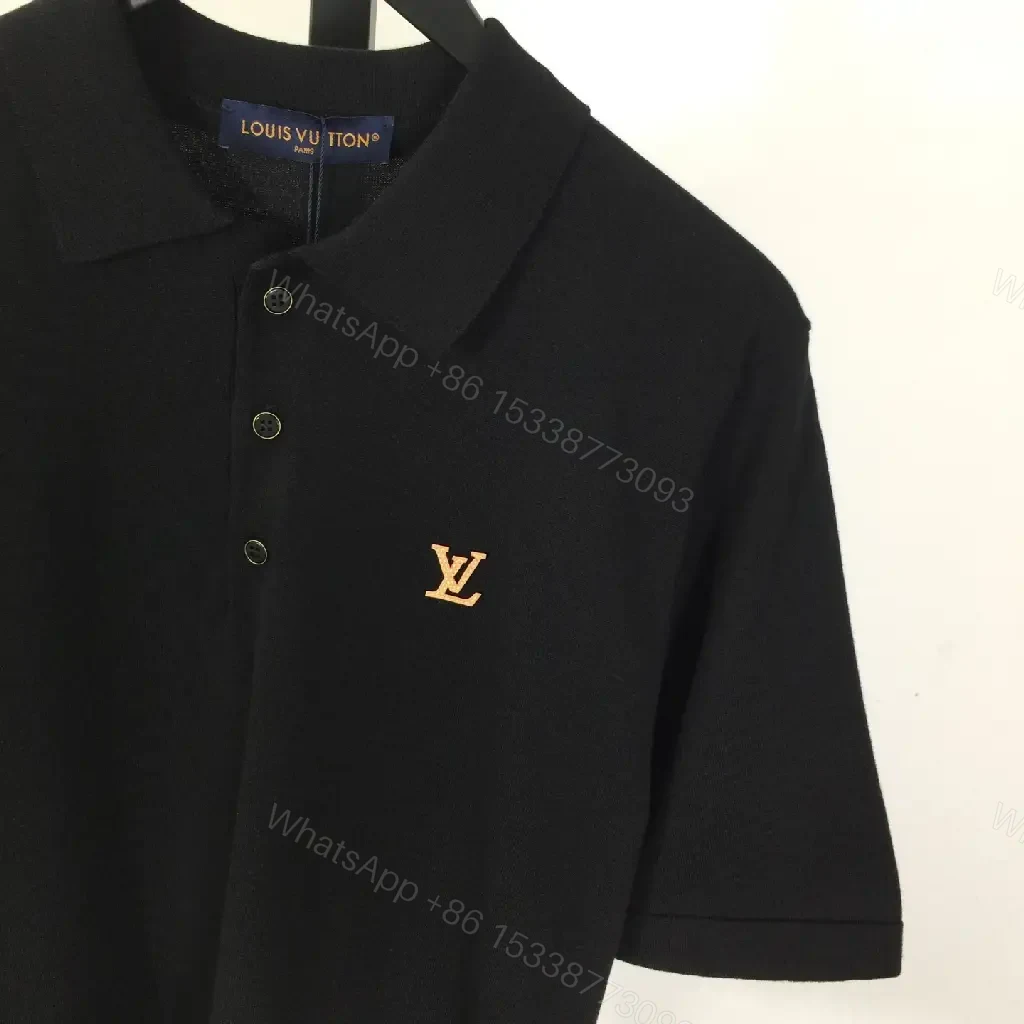 View 8 of Solid Black Polo Shirt with Gold LV Logo, Short Sleeves, Classic Collar