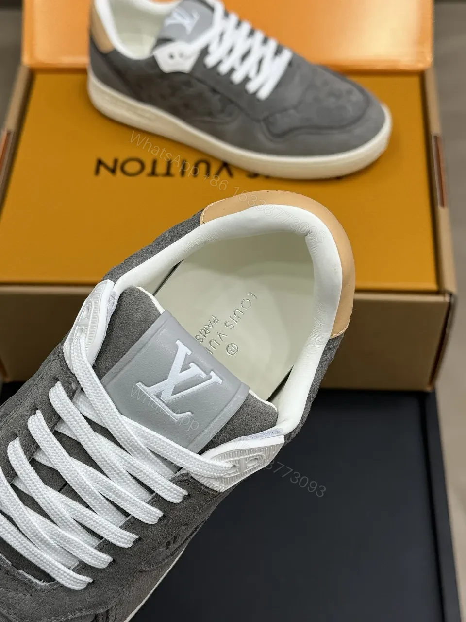 View 9 of Grey Suede Knit Sneakers - Subtle LV Texture, Cushioned Comfort