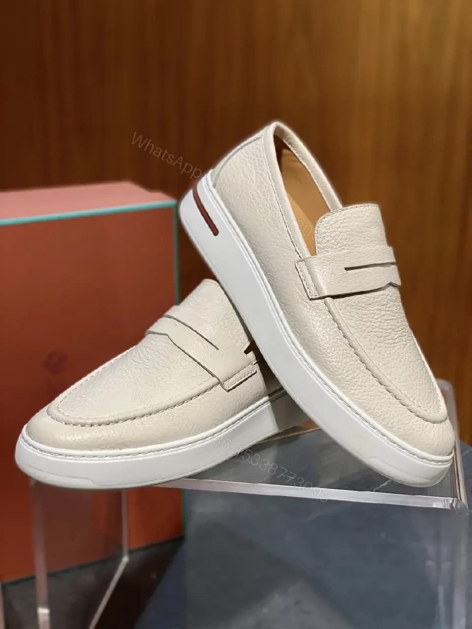 View 3 of Beige Leather Slip-On Loafers Plug-Top Comfort Shoes