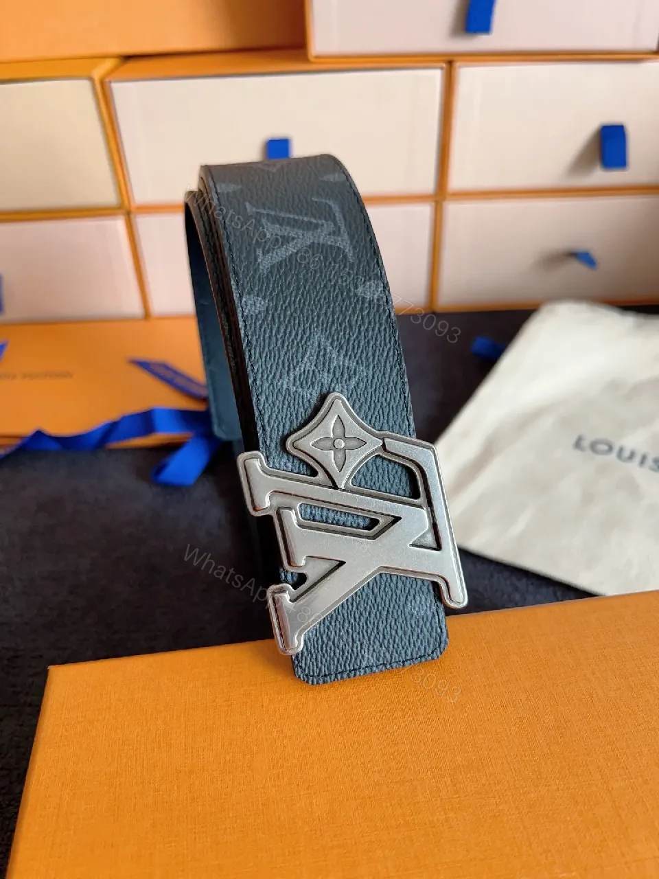 View 5 of Lux Slim LV-Pattern Belt: Monogram Leather, Silver Buckle, Modern Style