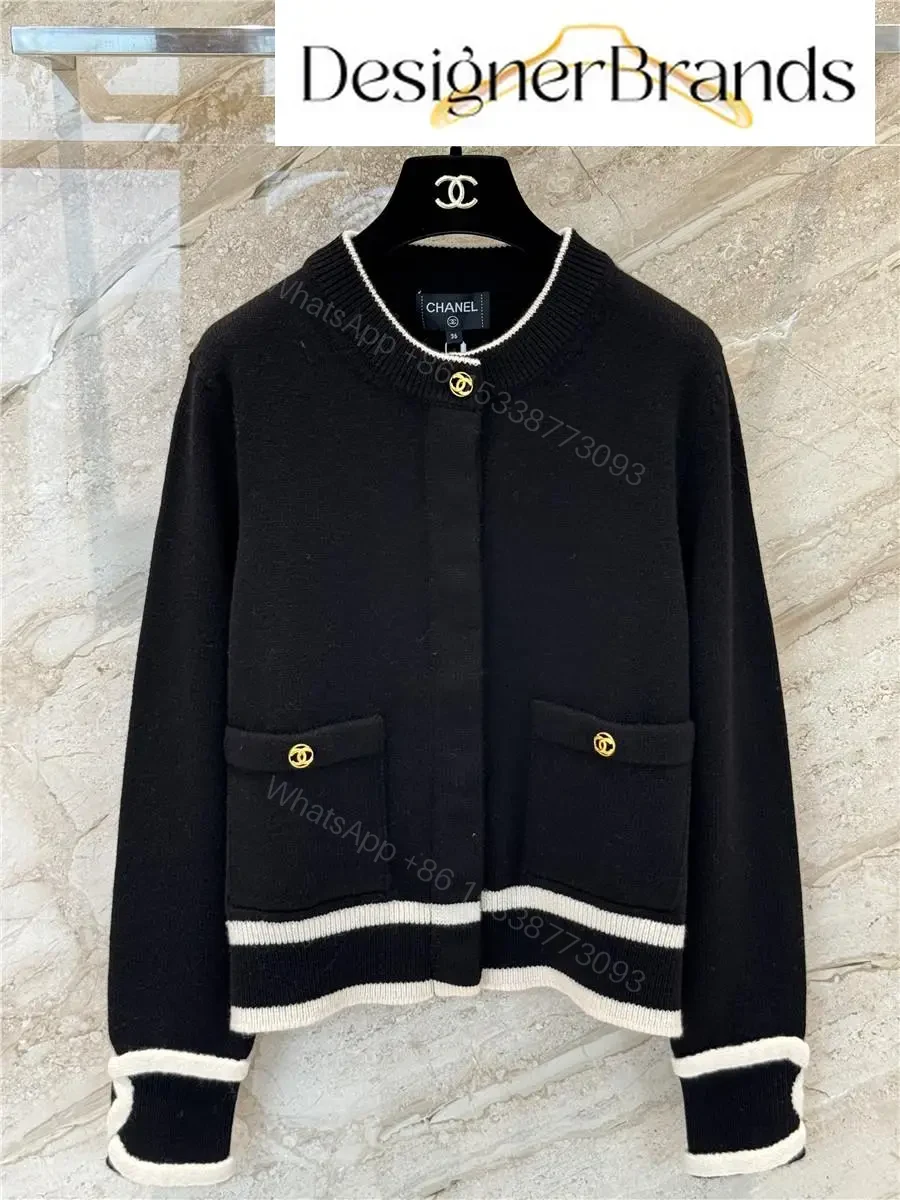 Black Knit Cardigan with Piping & Gold Accents — view 1