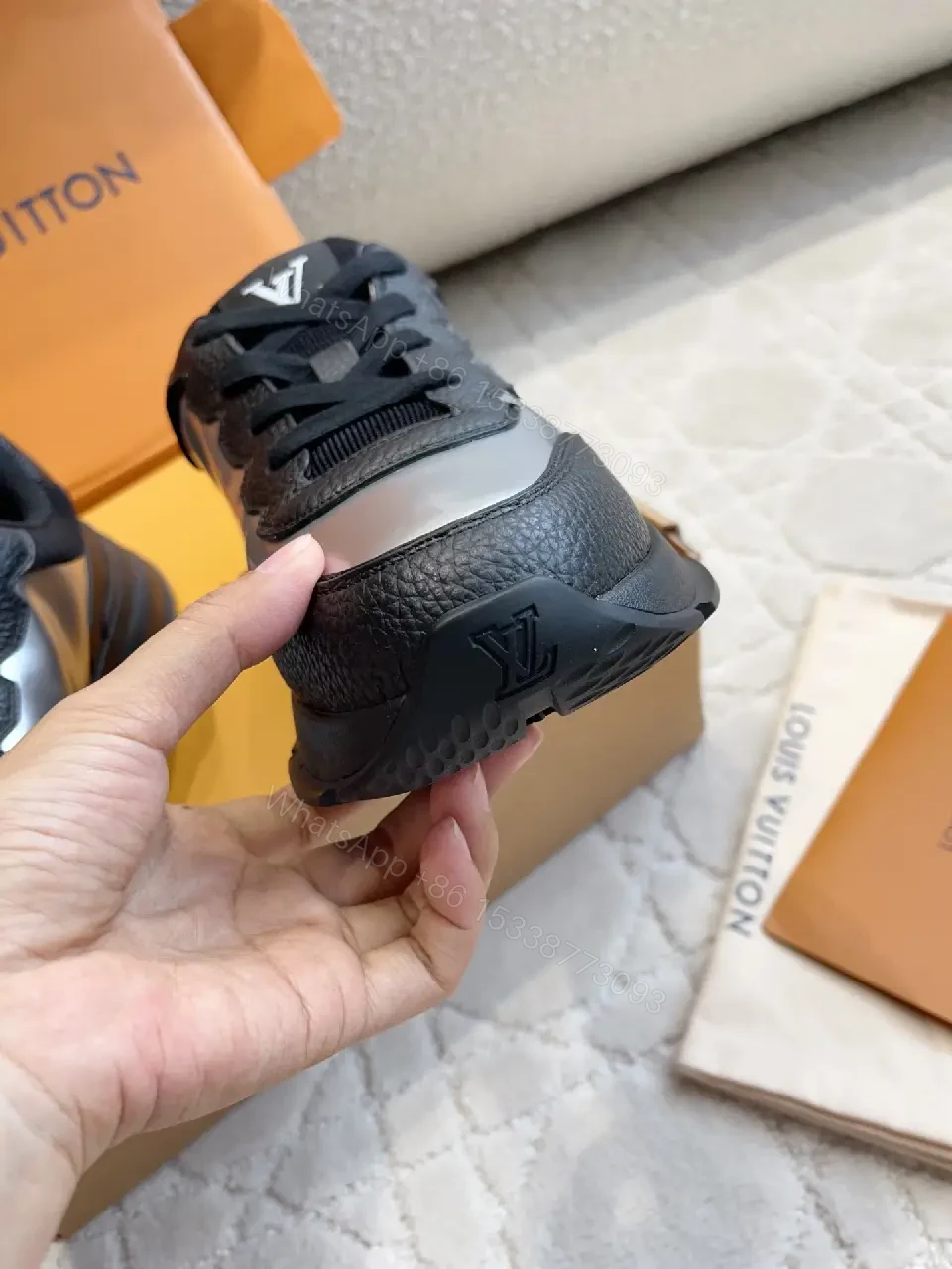 View 10 of Black Silver Leather Chunky Sneakers with LV Logo, Louis Vuitton Style