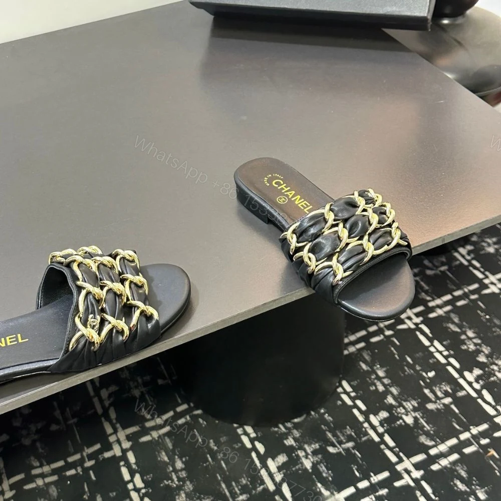 View 9 of Chanel Slide Sandals Gold Chain Black