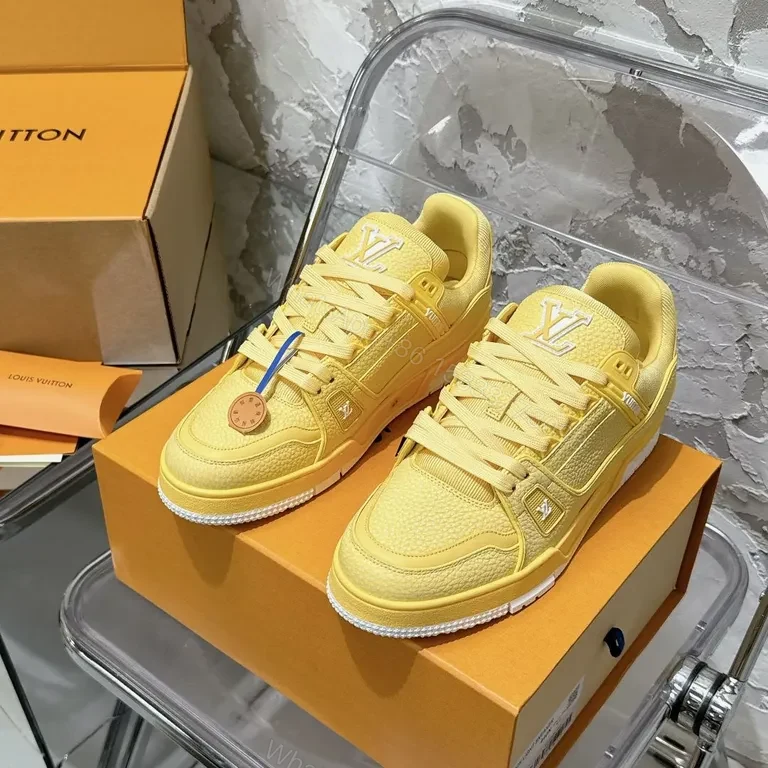 Yellow LV-Accent High-Tops: Premium Leather-Synthetic Sneakers — view 1