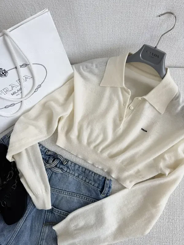 Cream Polo Knit Sweater with Prada Logo, Classic Raglan — view 1