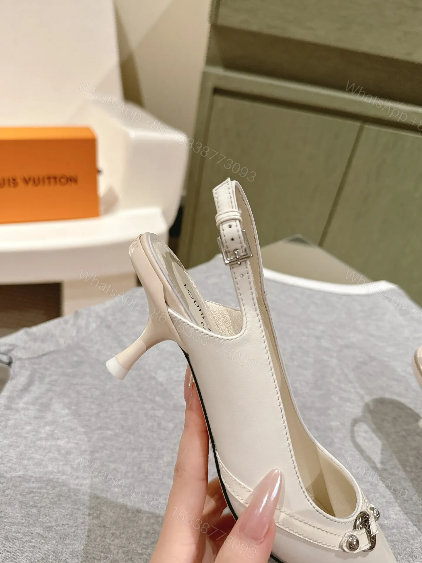 View 2 of LV Women White Leather Pointed Slingback Heels