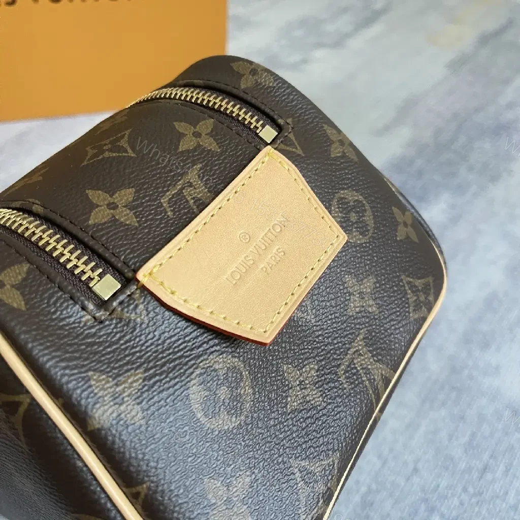 View 4 of Brown Leather-Toned LV Monogram Cosmetic Pouch with Gold Zipper