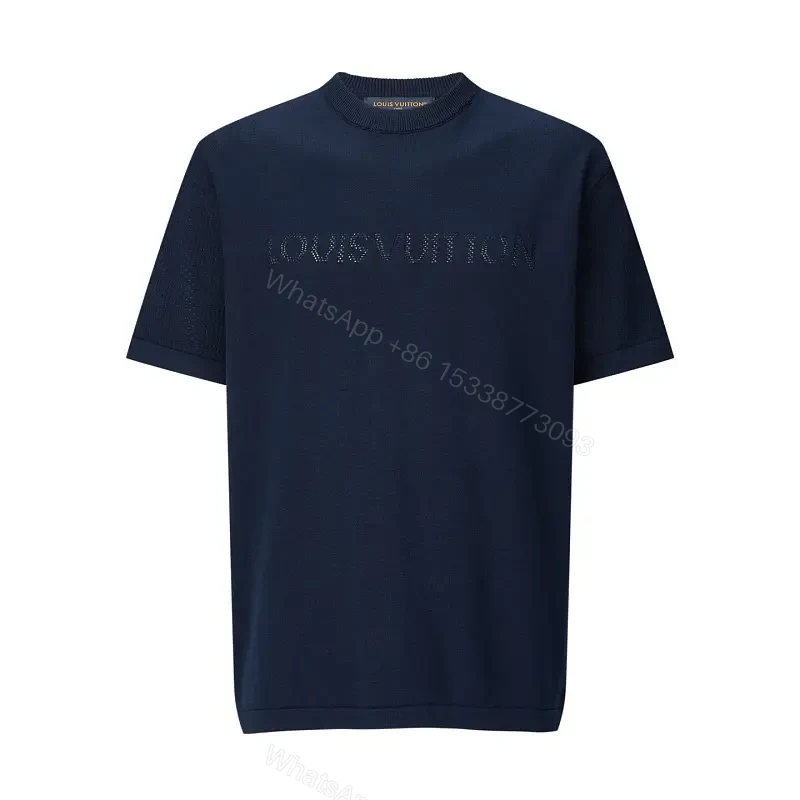 Dark Navy Knit Crewneck Tee with Subtle LV Logo Texture — view 1
