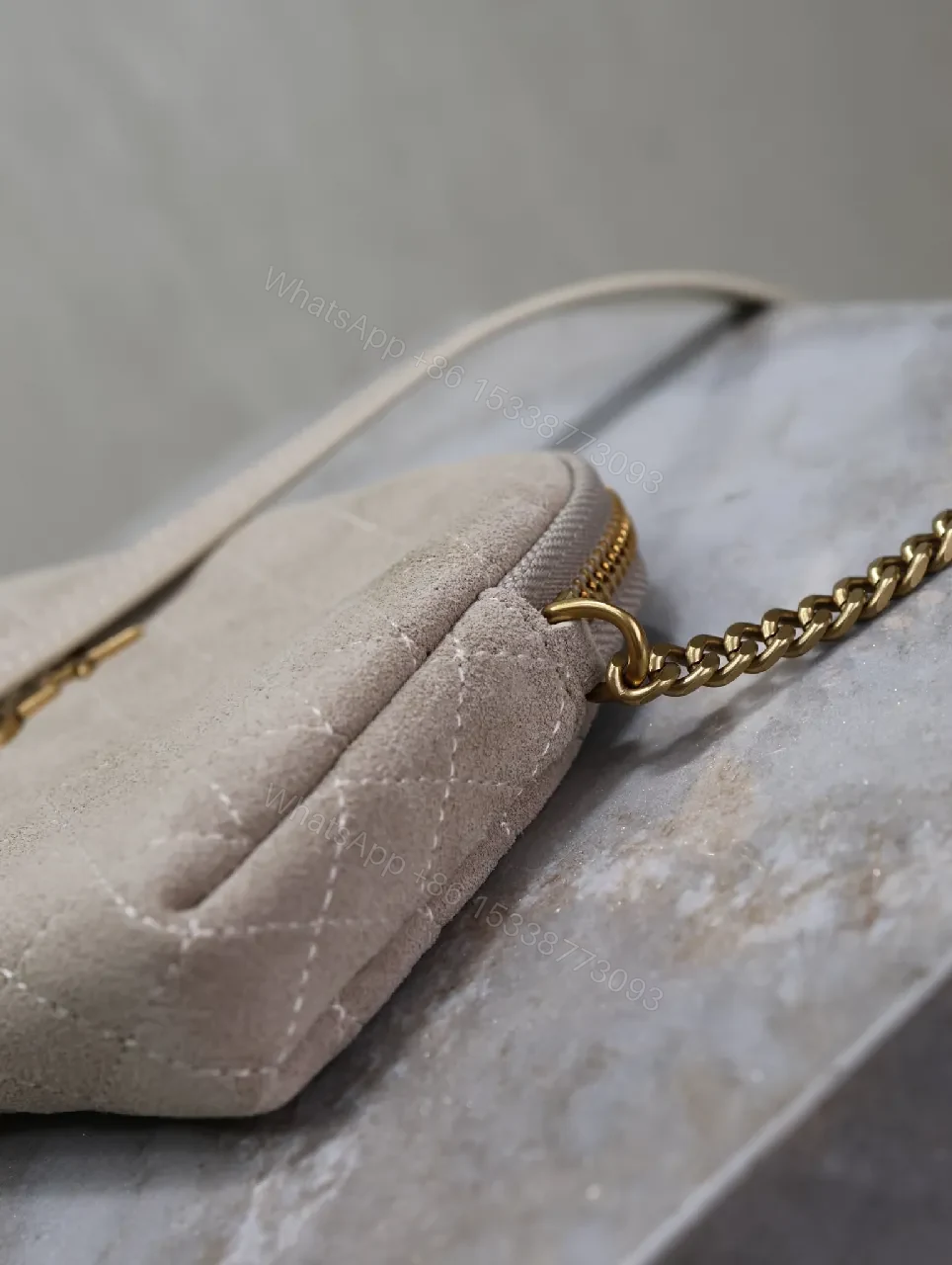 View 9 of Taupe Faux-Suede Quilted Crossbody, Elegant, Compact, Zippered Bag