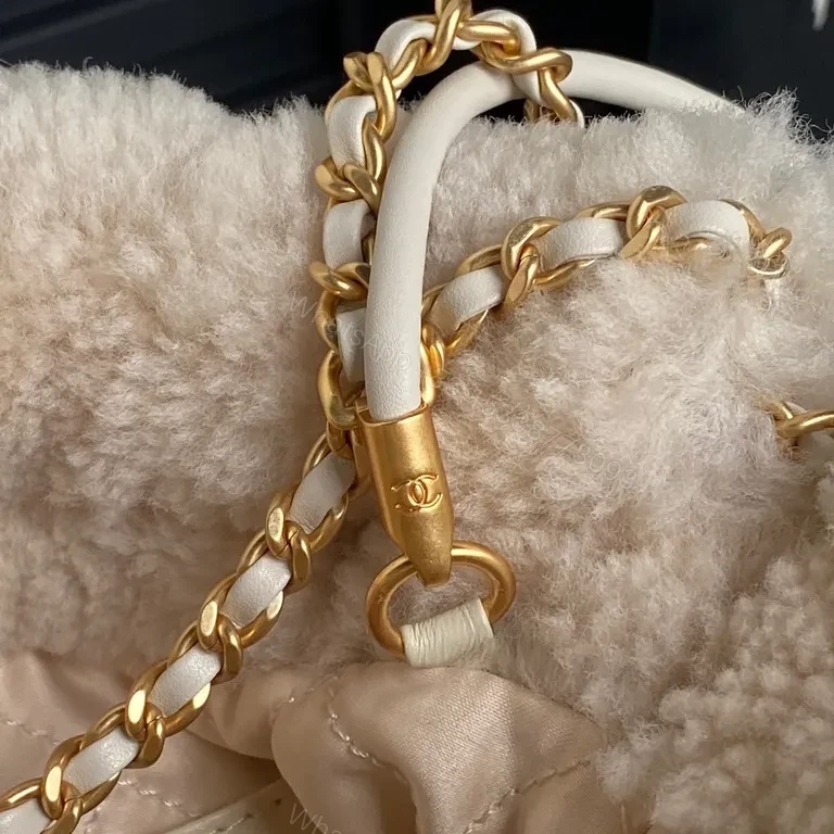 View 7 of Cream Sherpa Mini Bag with Gold Chain - Chanel-Inspired Luxe