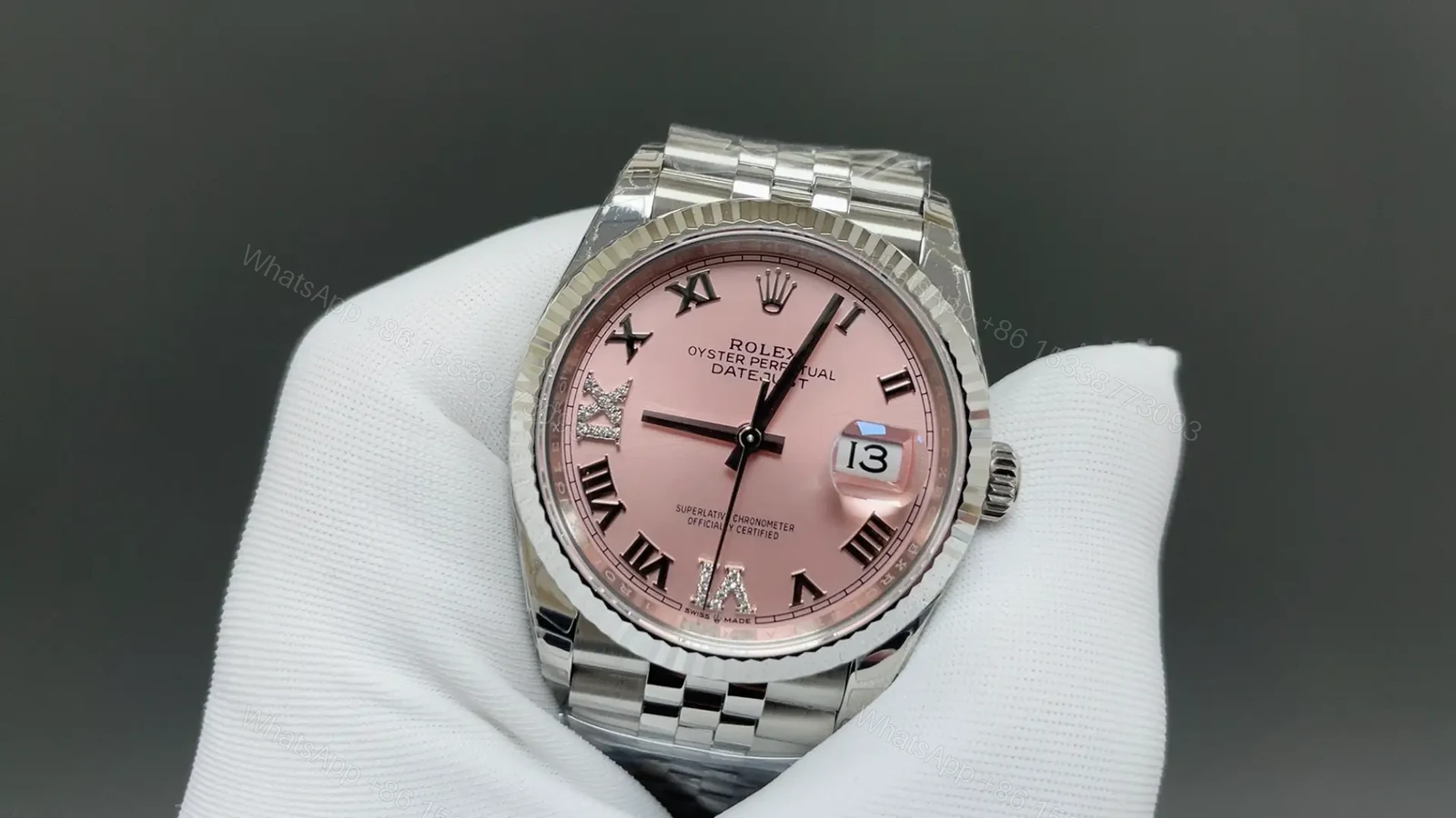 View 3 of Rolex Datejust 36 126234 Pink Roman Diamond Dial Fluted Bezel Jubilee Bracelet Watch 126234-0031