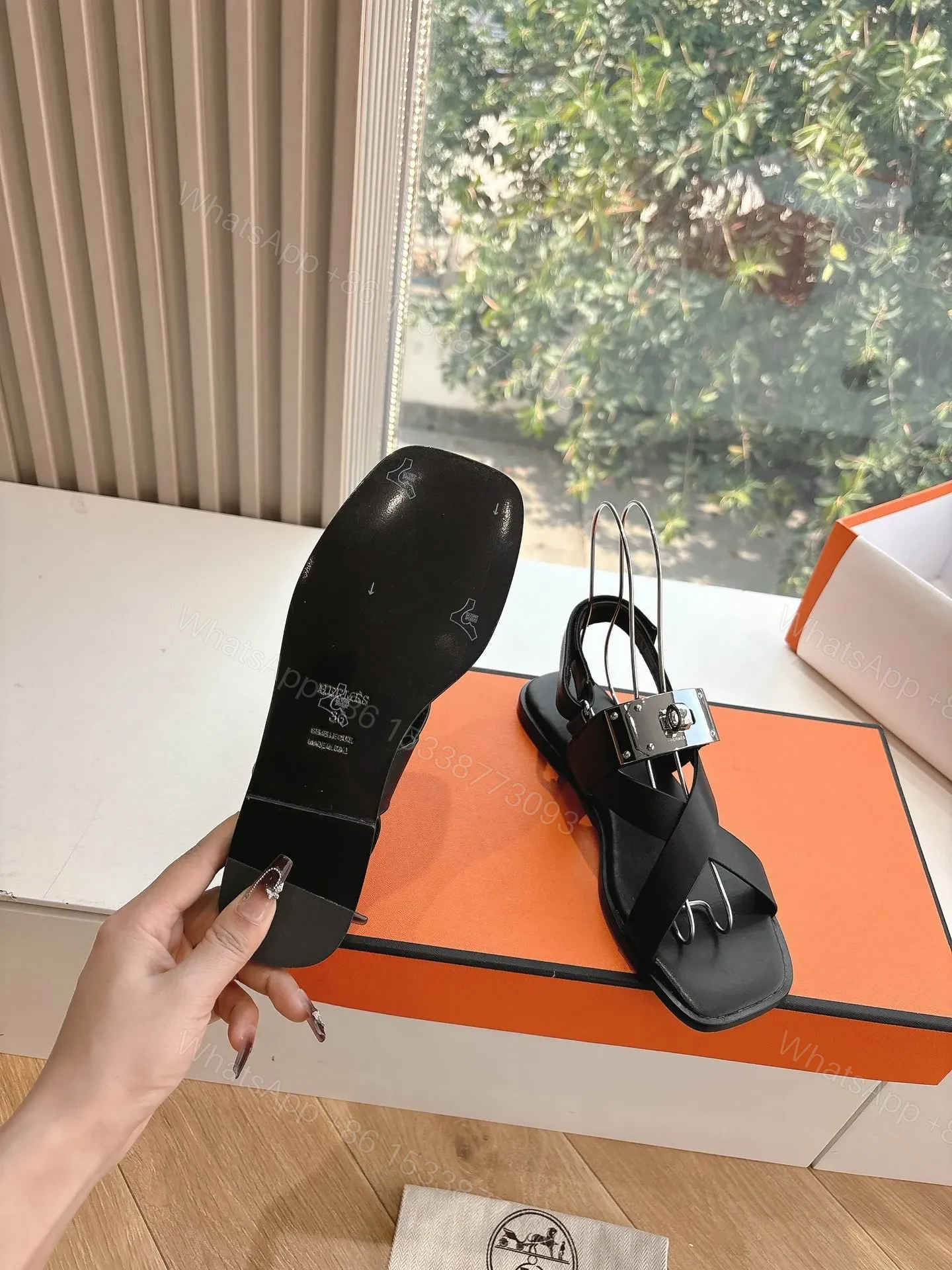 View 2 of Hermes Women Black Leather Strappy Sandals