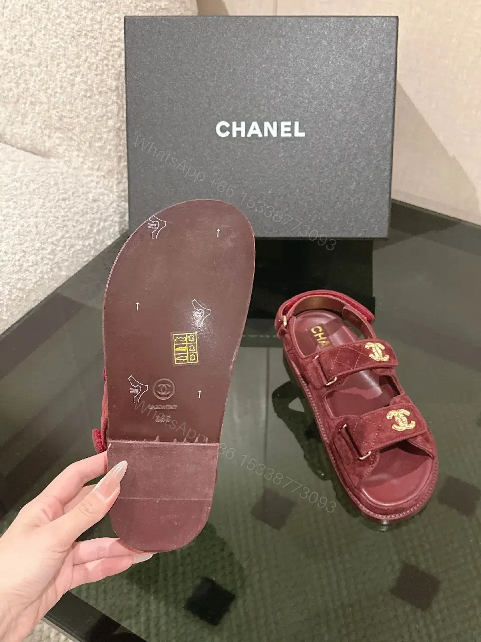 View 2 of Textured Burgundy Suede Slides with Gold Hardware - Luxe Comfort