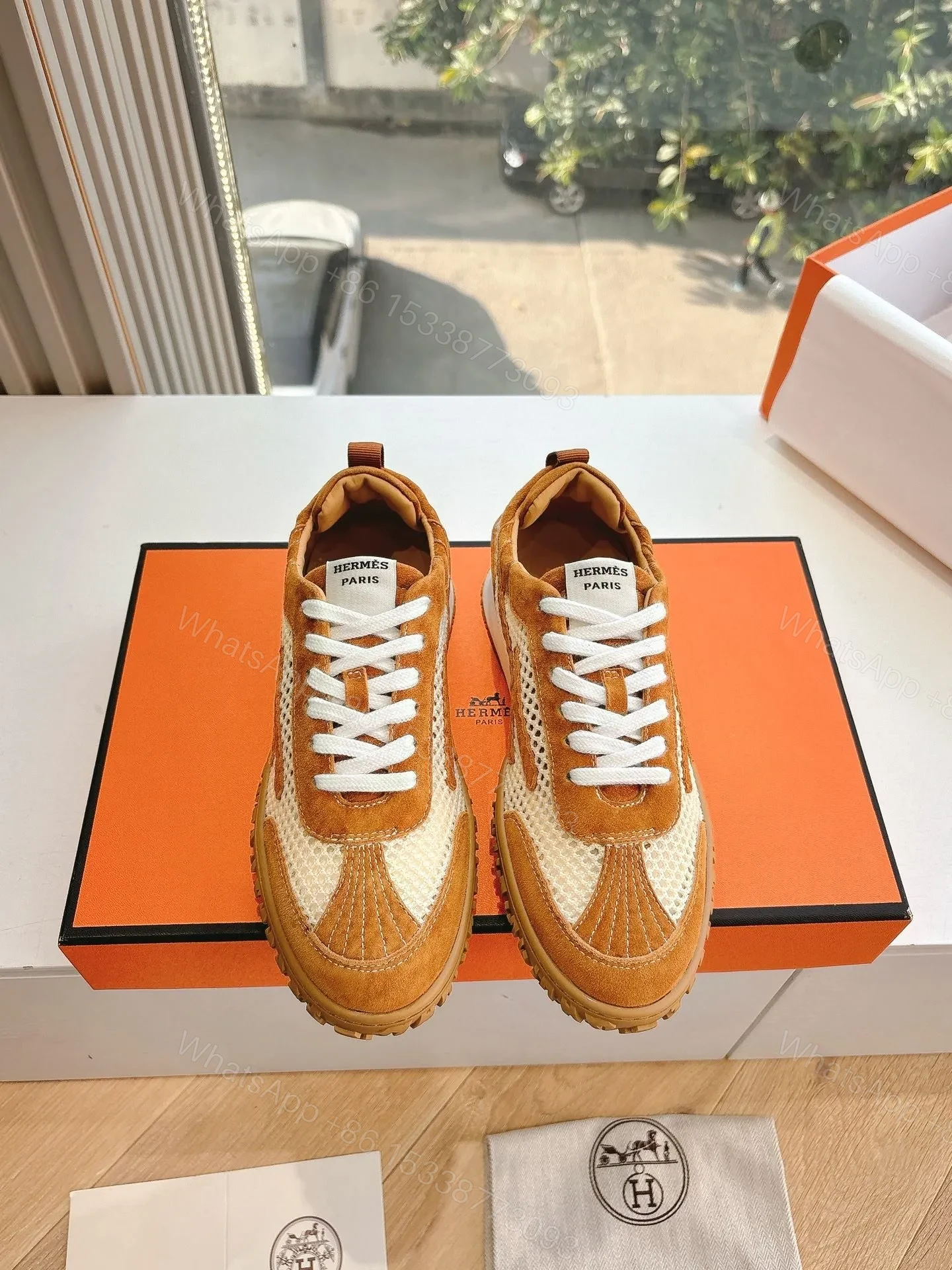 Hermes Women Brown Mesh Suede Sneakers — view 1