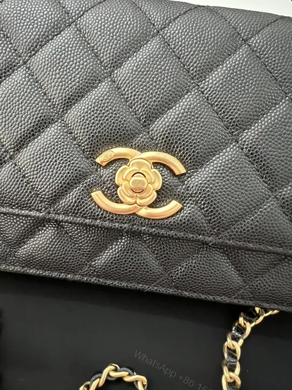 View 6 of Chic Quilted Wallet on Chain: Black Leather, Luxe Gold, CC Logo
