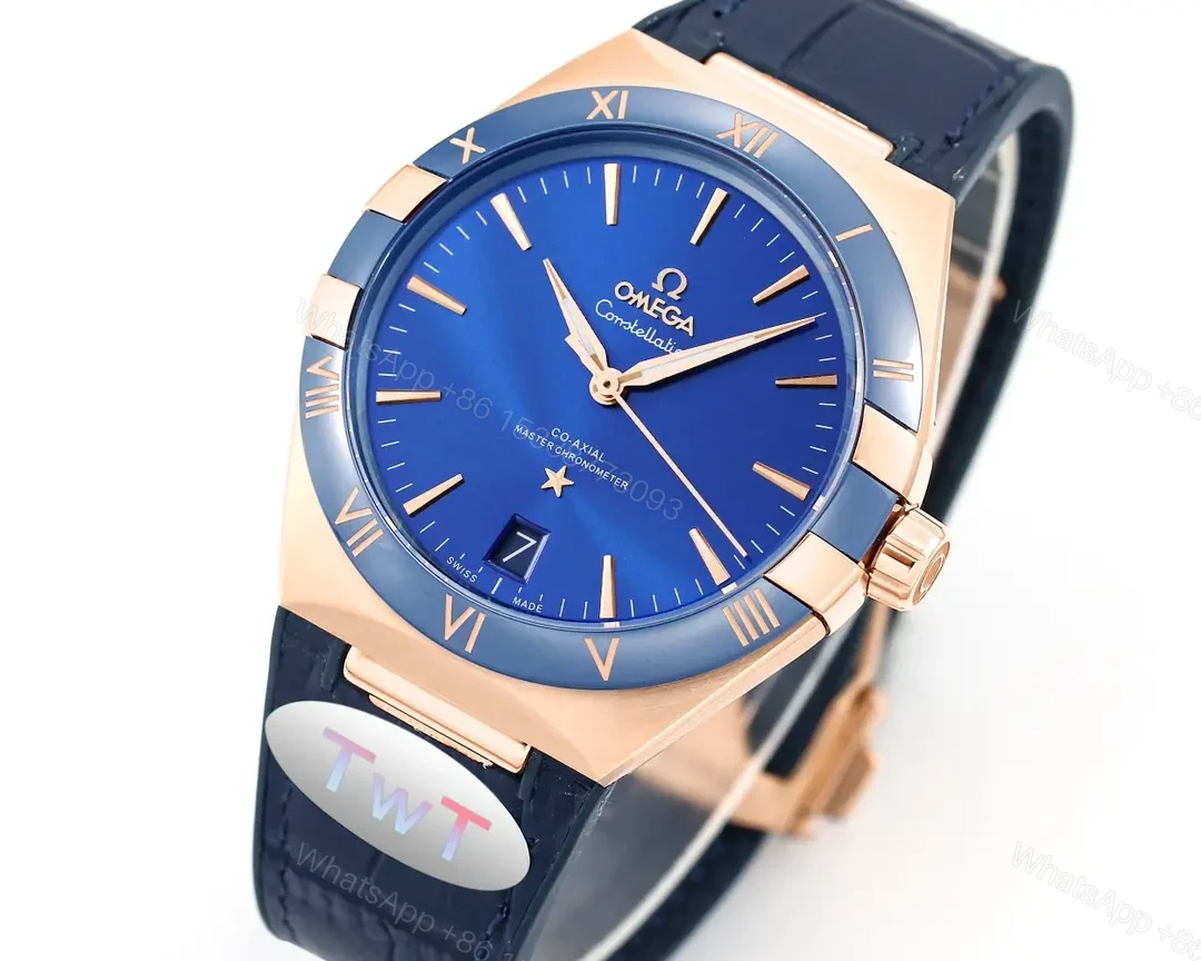 View 2 of Omega Constellation Meteorite Series 5th Generation Watch 41mm Blue Dial Rose Gold Case Leather Strap