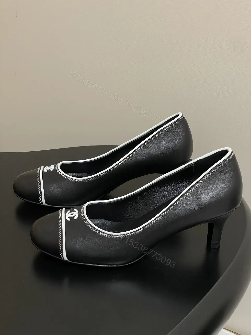 View 3 of Black Leather Heels - White Piping, Logo Detail, 2.5" Heel