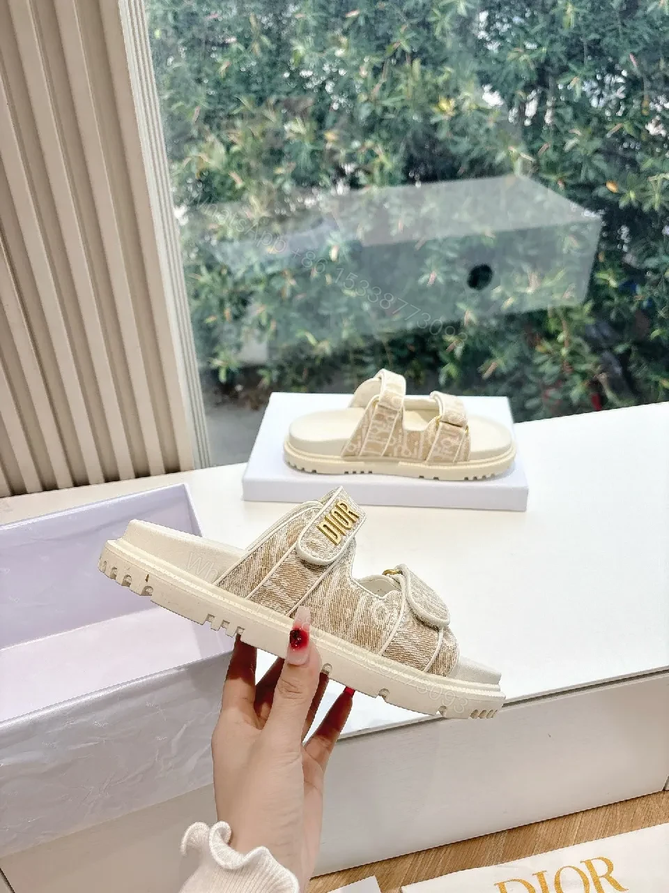 View 9 of Beige Monogram Strapped Slides: Elevated Comfort