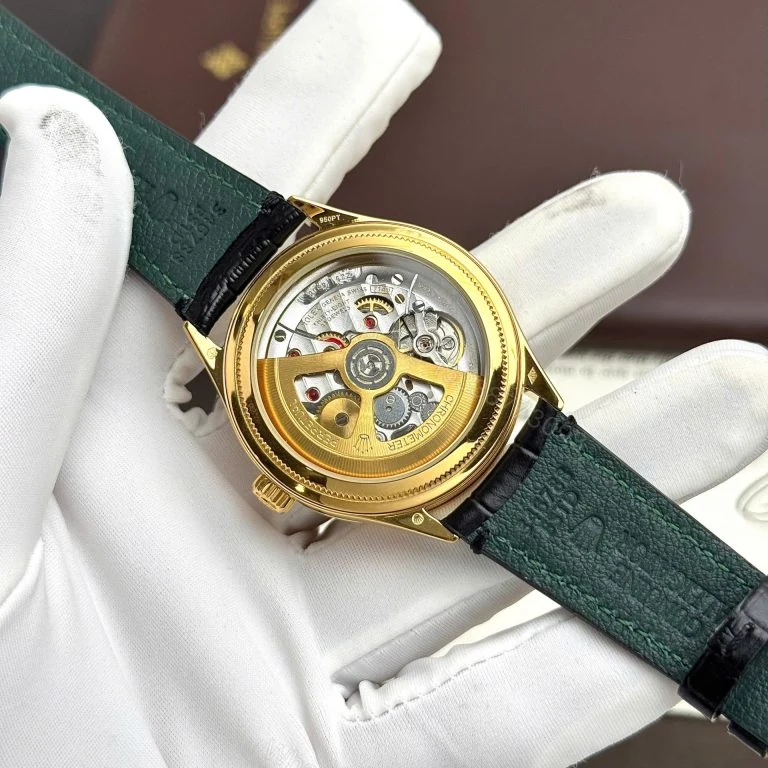 View 2 of Rolex Perpetual 1908 39mm Yellow Gold Black Dial Leather Strap Super Clone
