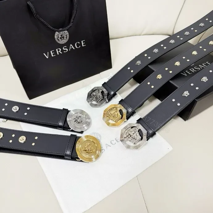 View 3 of Gold Lion Buckle Belt - Black Leather, Studded, Designer-Inspired Style