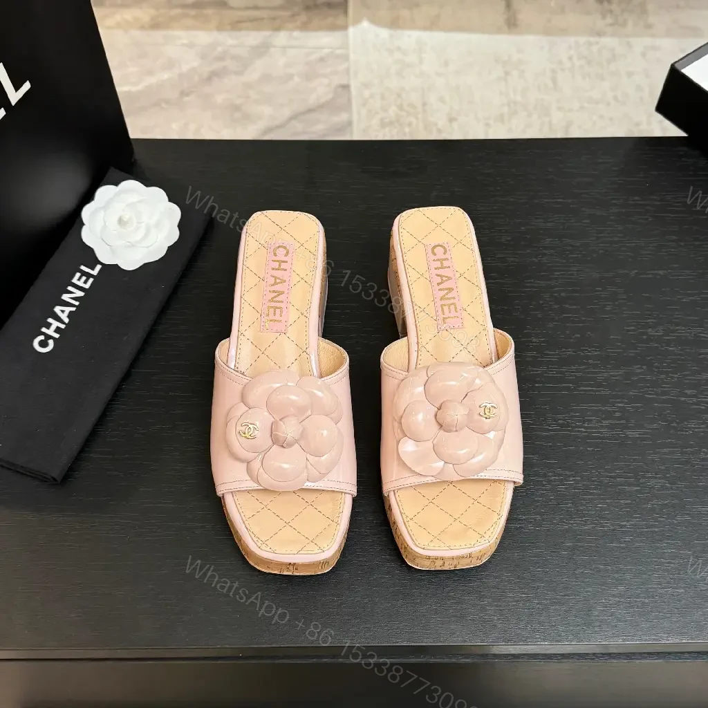 View 3 of Pink Quilted Slide Sandals with Floral Cork Platform