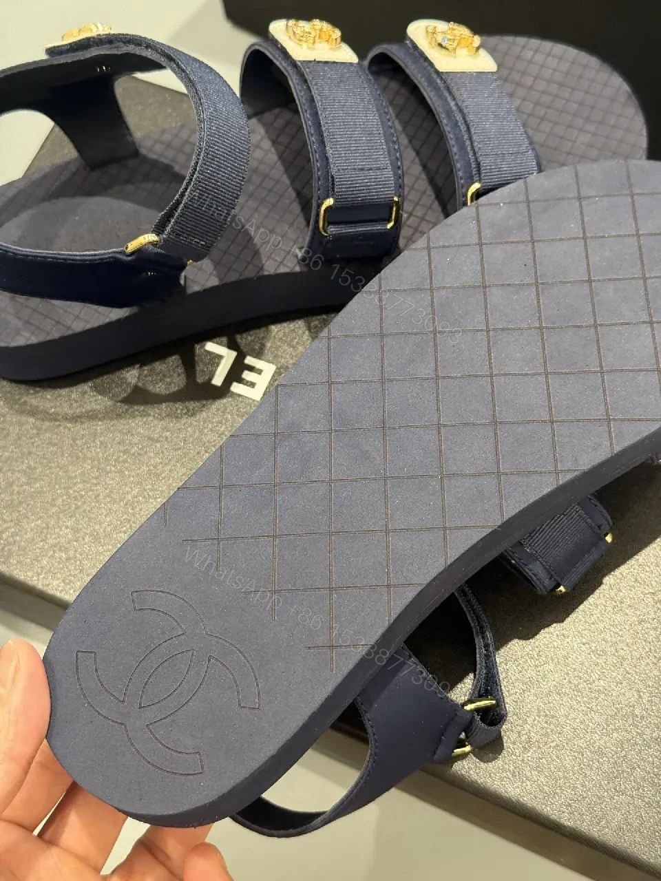 View 5 of Navy Leather Sandals with Gold Accents, Luxe Casual Style