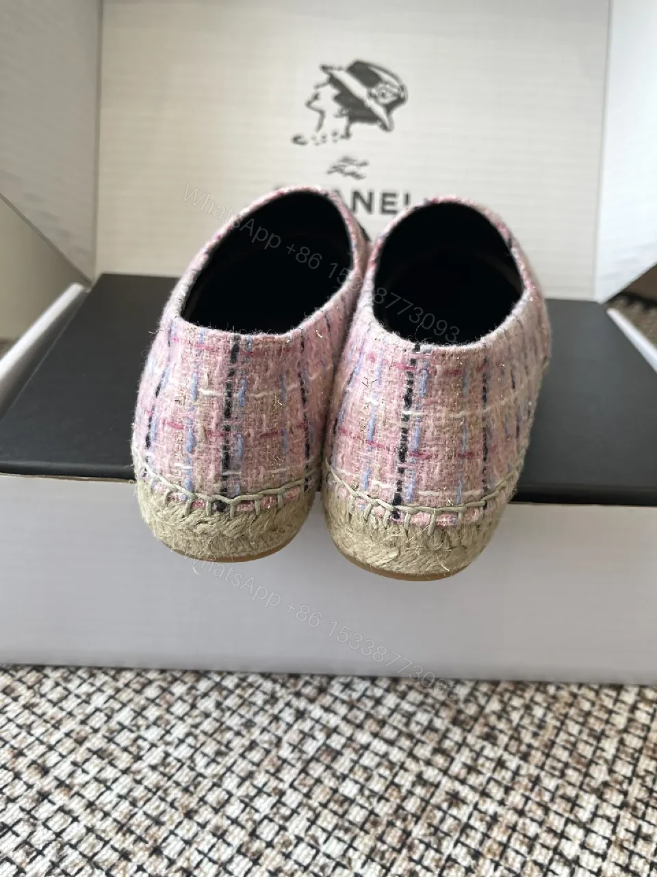 View 6 of Pink Tweed Espadrilles – Black Toe, Logo Detail, Slip-On Comfort