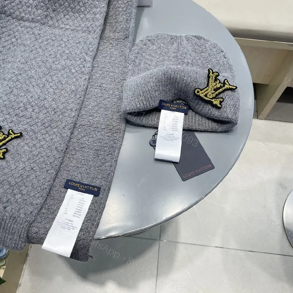 View 2 of Grey Knit Beanie & Scarf Set: Subtle LV-Inspired Luxury