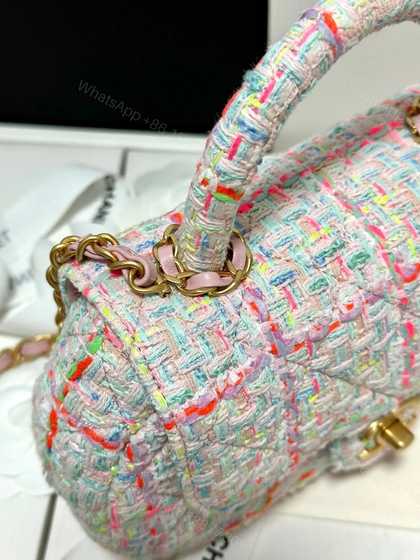 View 4 of Chanel Mini Flap Bag with Top Handle Pink Tweed Bag