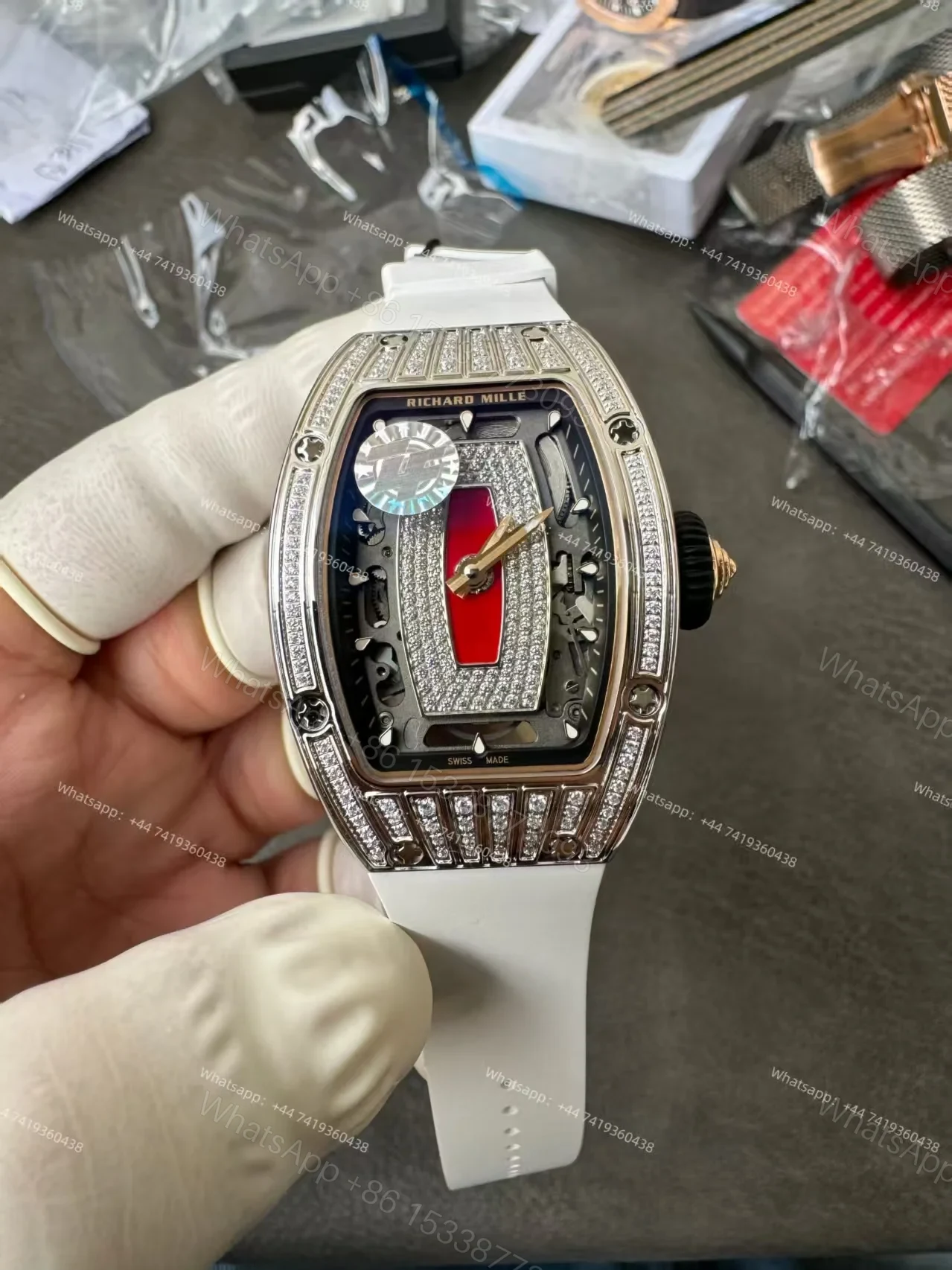Super Clone Richard Mille RM 07 Full Diamond 1:1 Replica Watch with White Rubber Strap — view 1