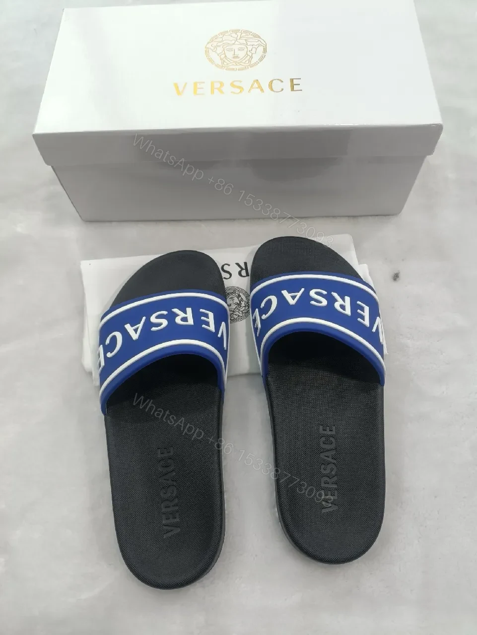 View 9 of Bold Logo Stride Sliders: Blue-White Luxury Comfort Sandals
