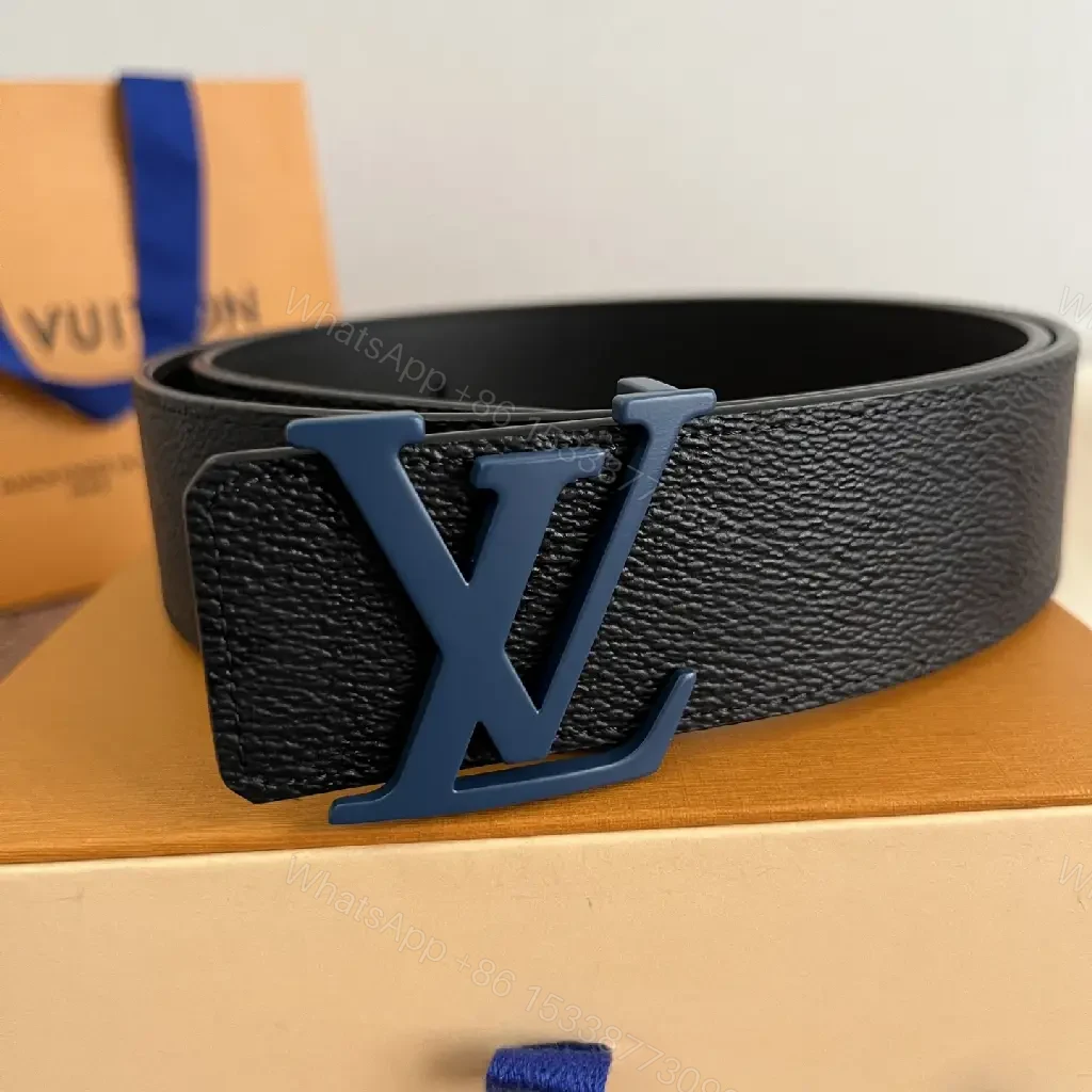 View 3 of Black Belt with Blue LV Logo Buckle, Pebbled Leather, Classic Style
