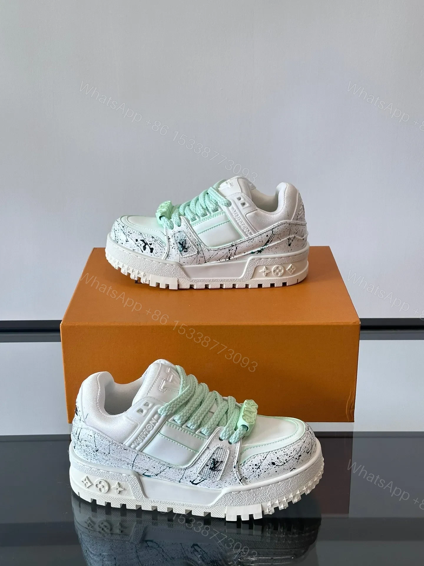 View 4 of LV Men White Leather Paint Splatter Sneakers