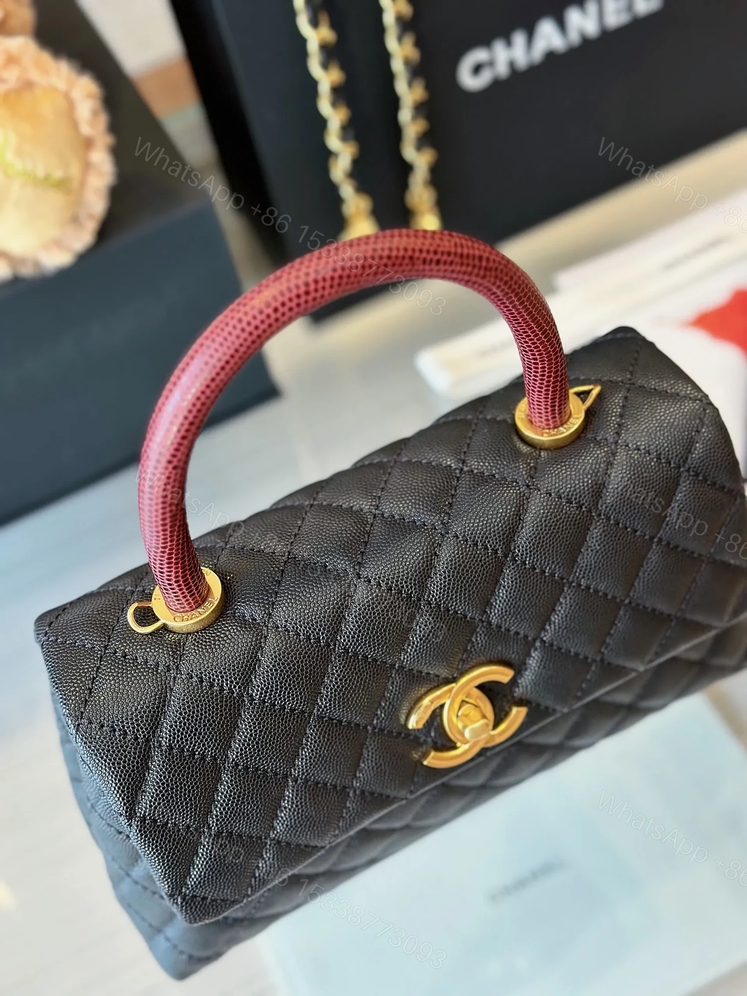 View 4 of Chanel Handbag Coco Lock Gold Lizard Skin Black 24cm