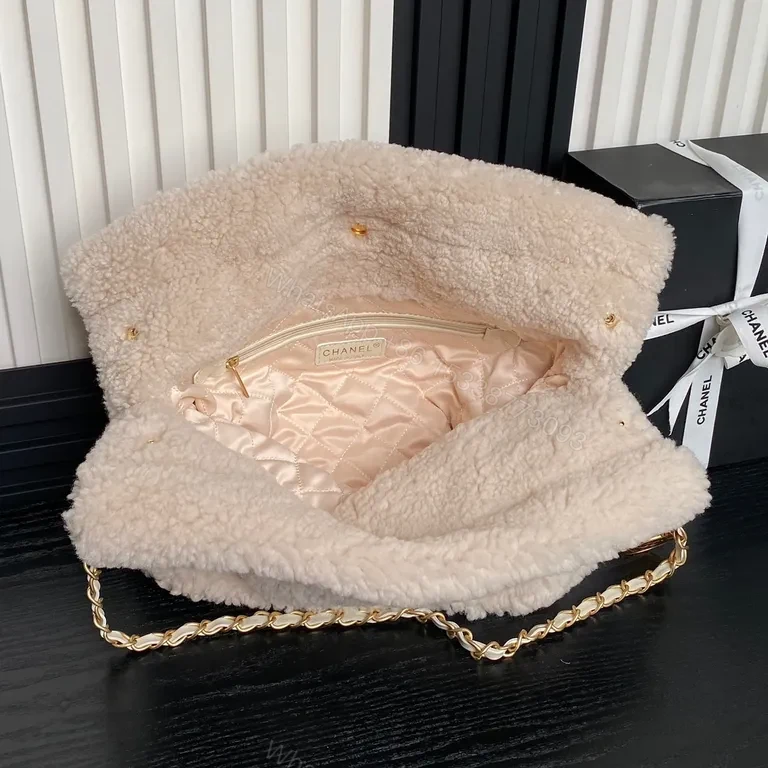 View 4 of Chanel-Inspired BouclÃ© Crossbody Bag in Cream with Gold Chain