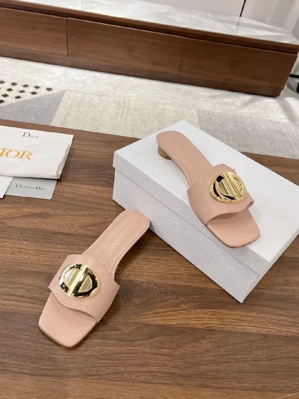View 5 of Blush Pink Leather Modern Gold Logo Dior Slides
