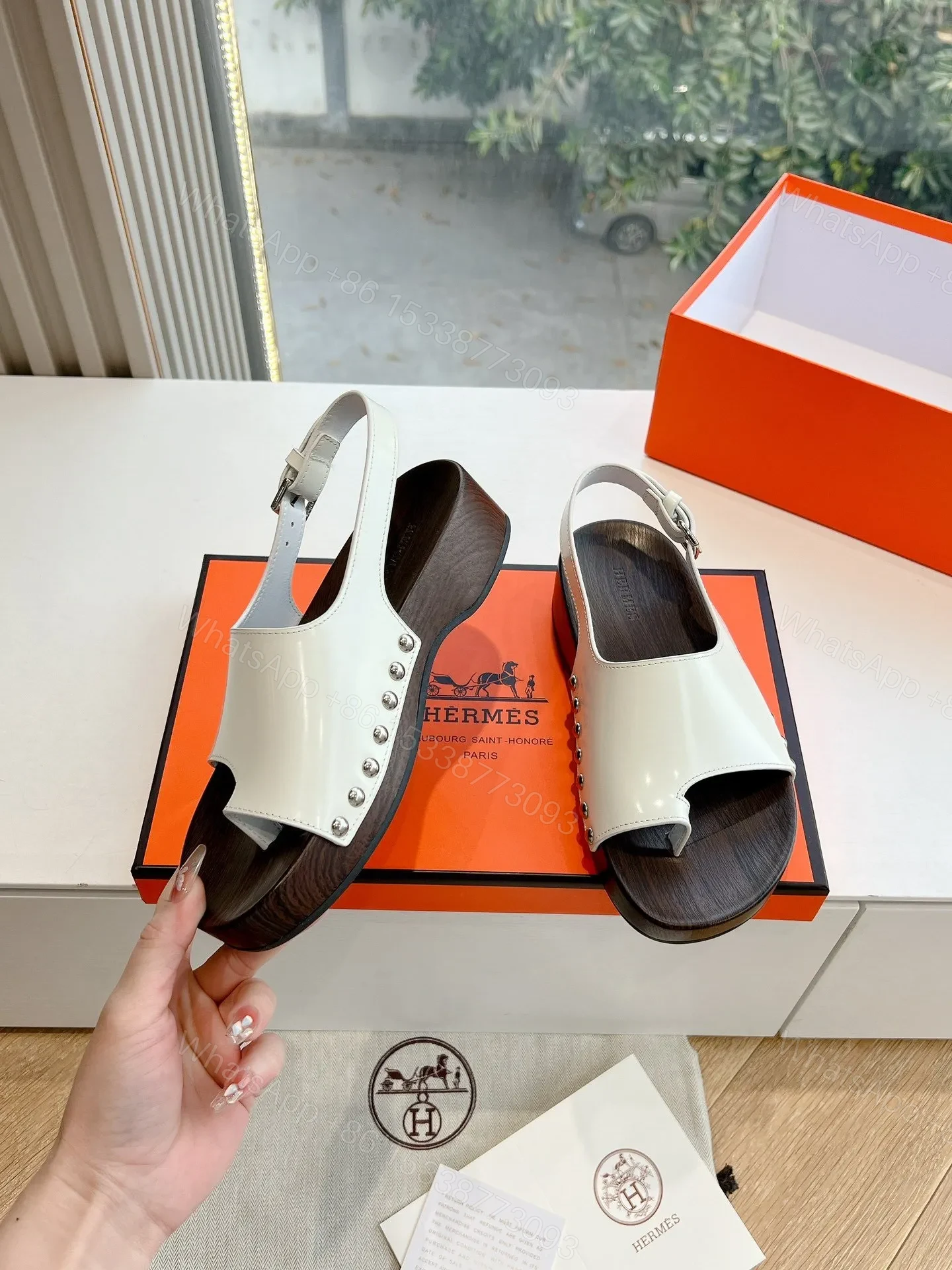 View 6 of Hermes Women White Leather Wooden Sole Sandals