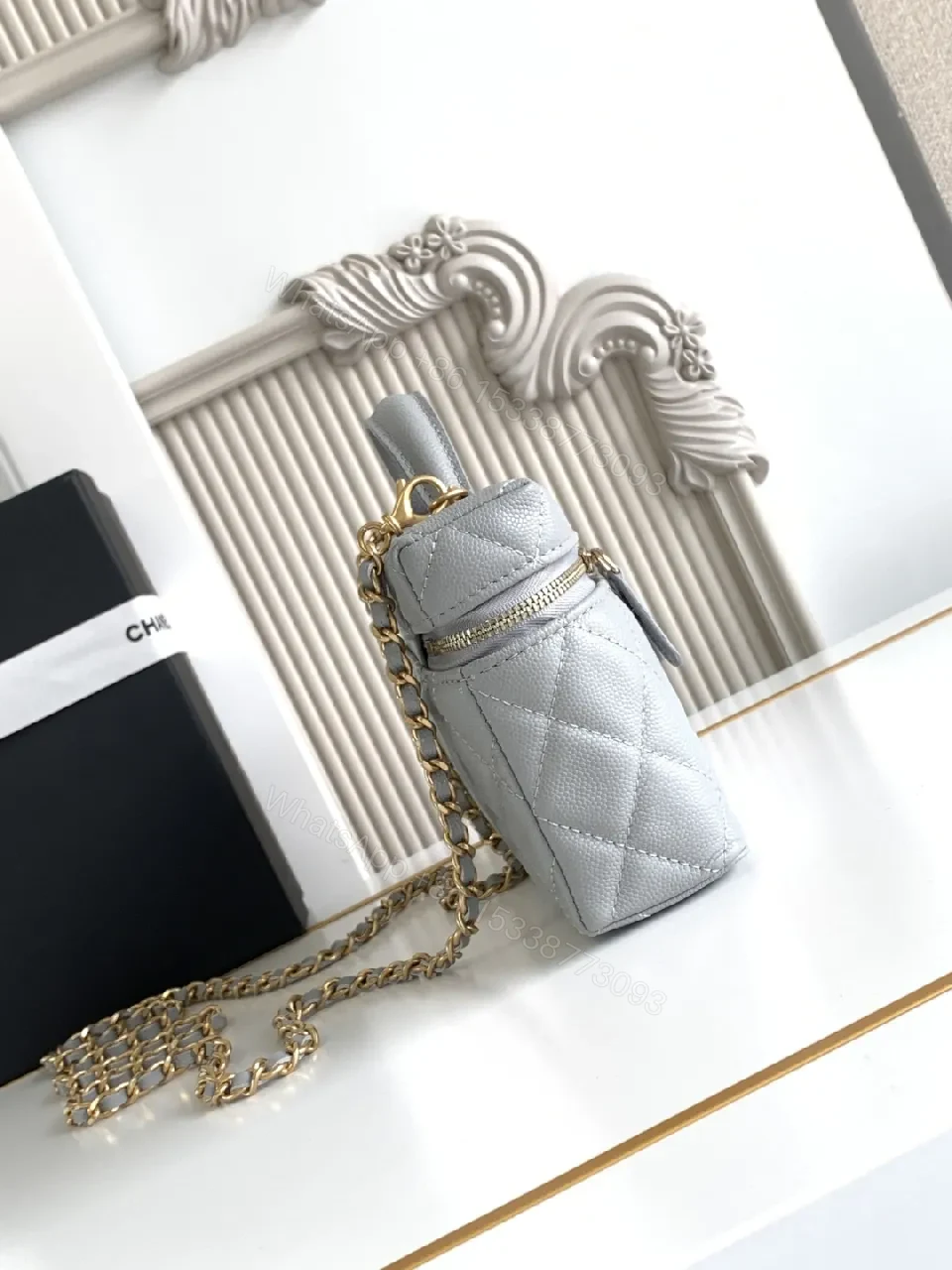 View 8 of Quilted Crossbody Bag with Gold Logo, Gray, Luxe Style