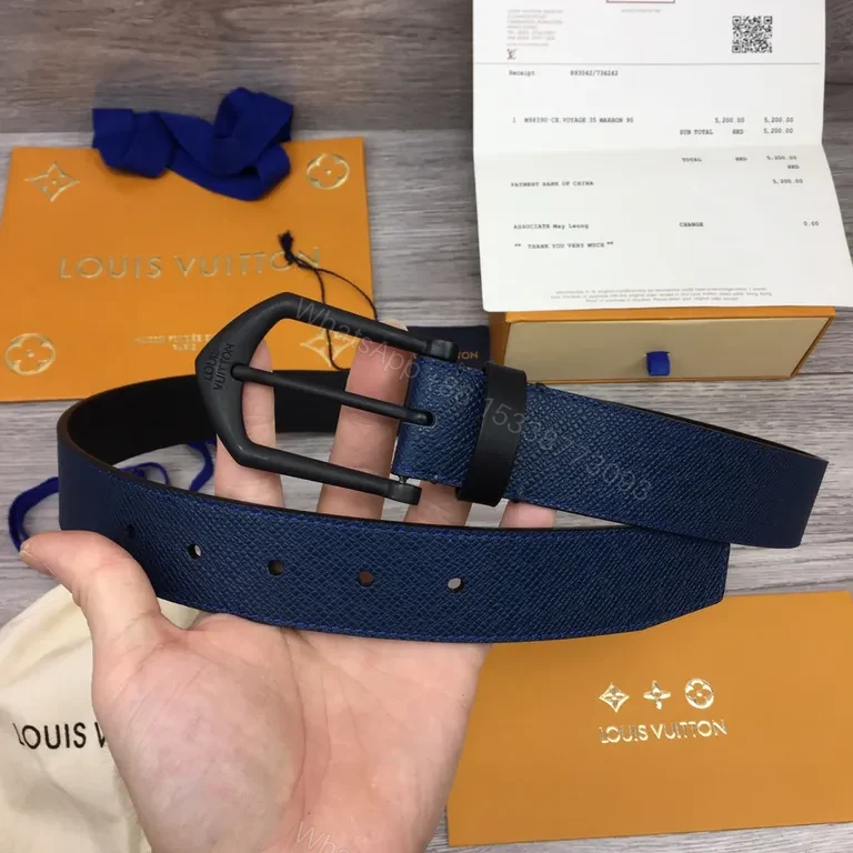 View 8 of Blue Textured Leather Belt â€“ Louis Vuitton Style, 40mm, Gold-Standard Quality