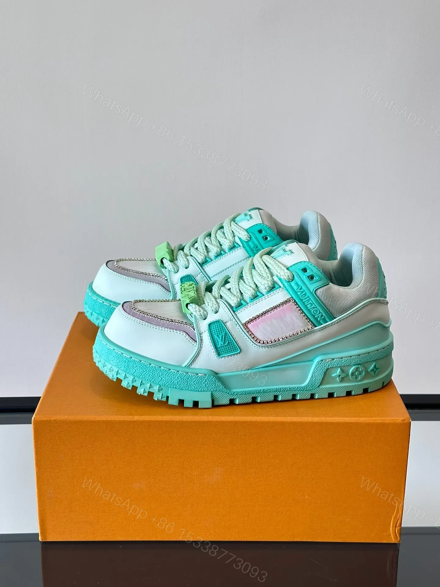 View 3 of LV Men Mint Green Leather Sneakers