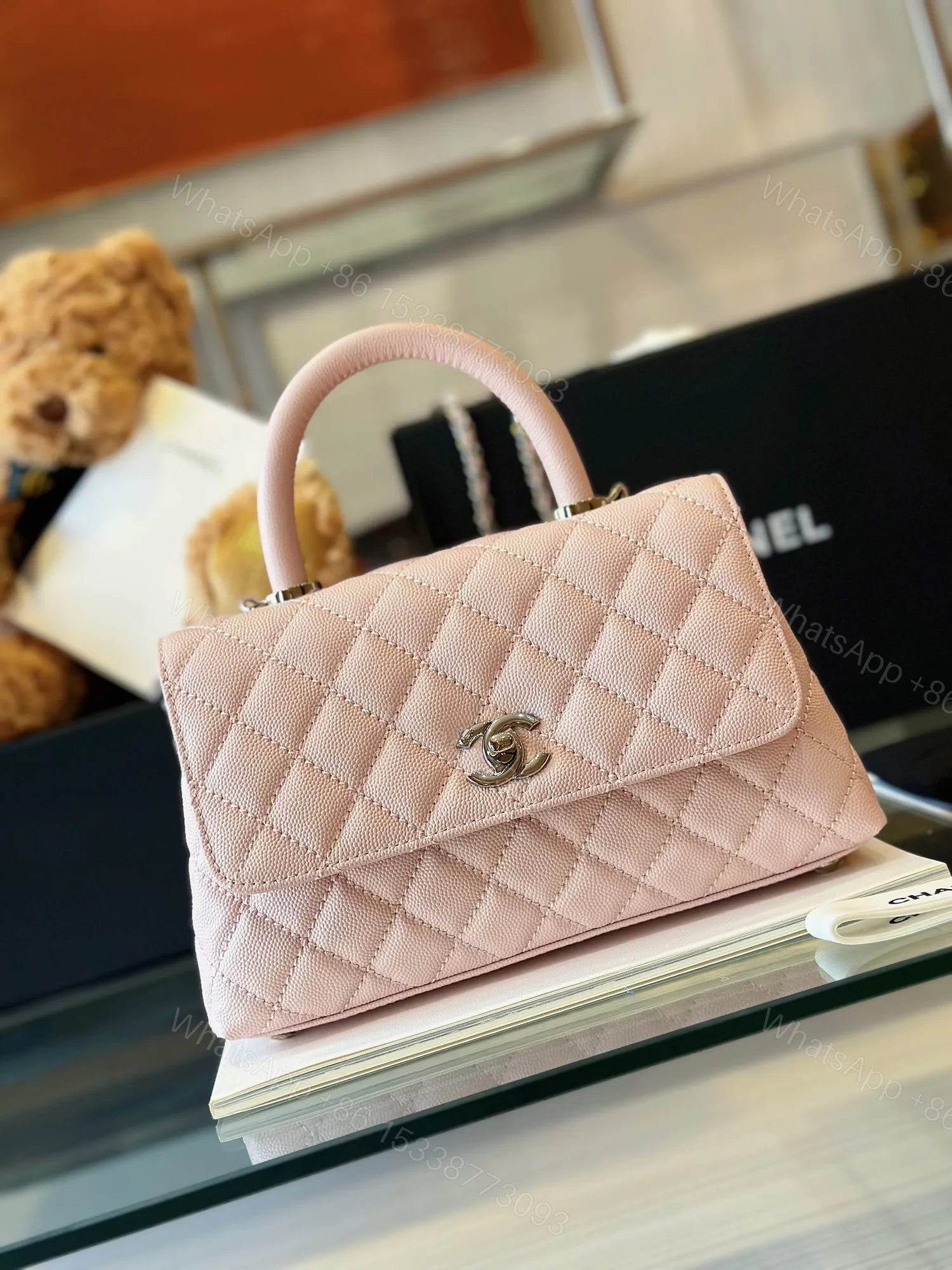 View 4 of Chanel Coco Handbags Leather Pink With Silver Lock 23cm