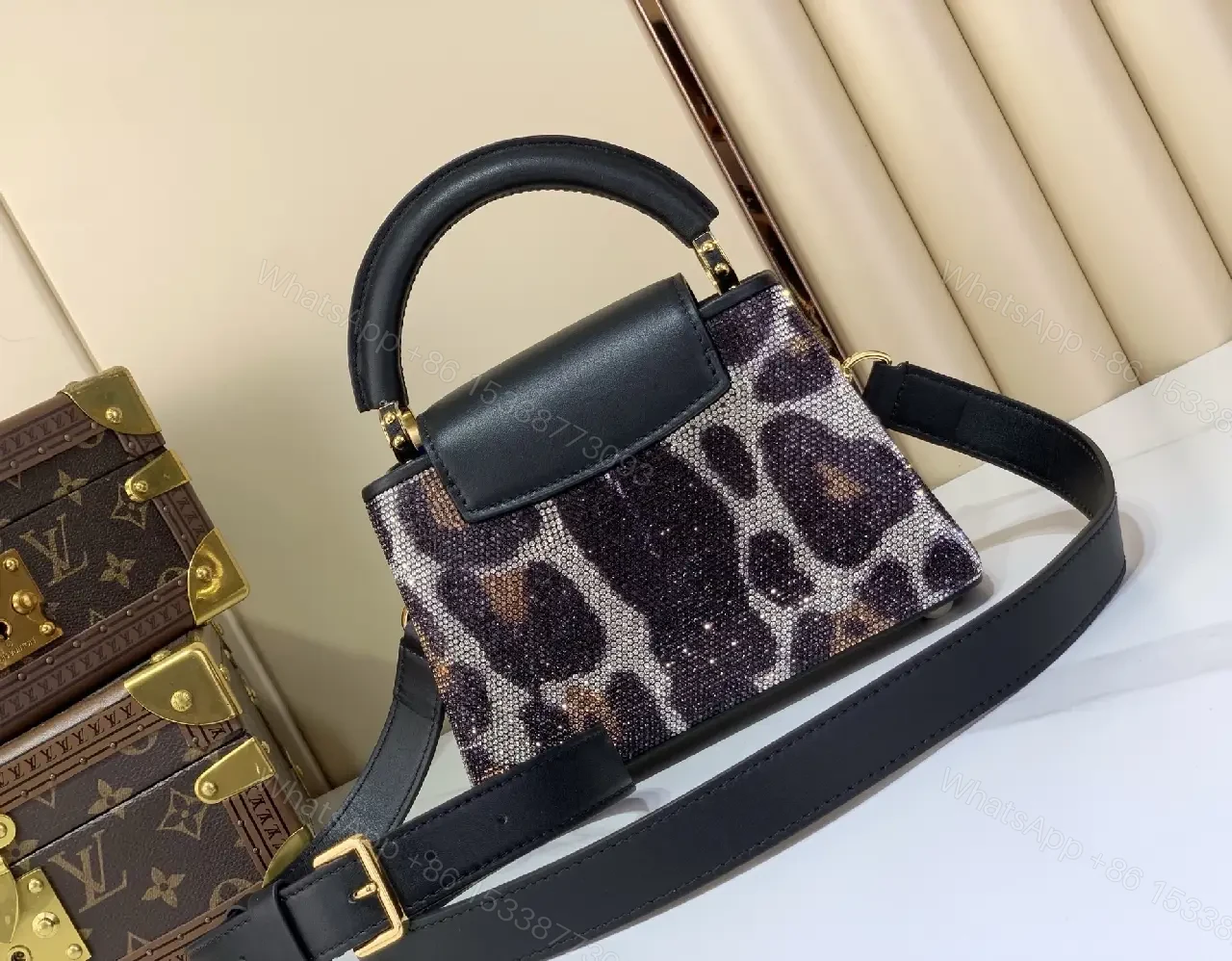 View 2 of Leopard Glitter Sequined Top-Handle Bag with LV Clasp
