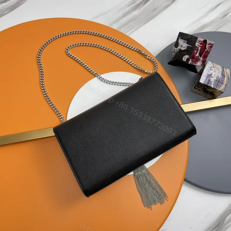 View 7 of Chic Black Leather Clutch: Silver YSL-Inspired Emblem, Chain