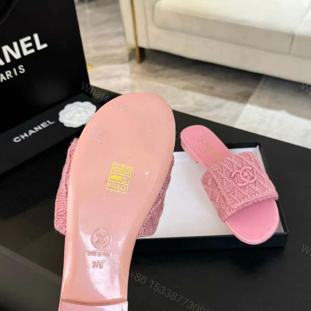 View 5 of Pink Knit-Trim Slides: Plush Couture-Inspired Comfort