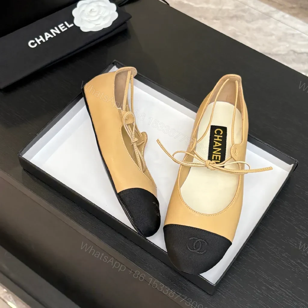 View 6 of Tan Leather Ballet Flats – Black-Tipped, Bow Accent, Cushioned Comfort