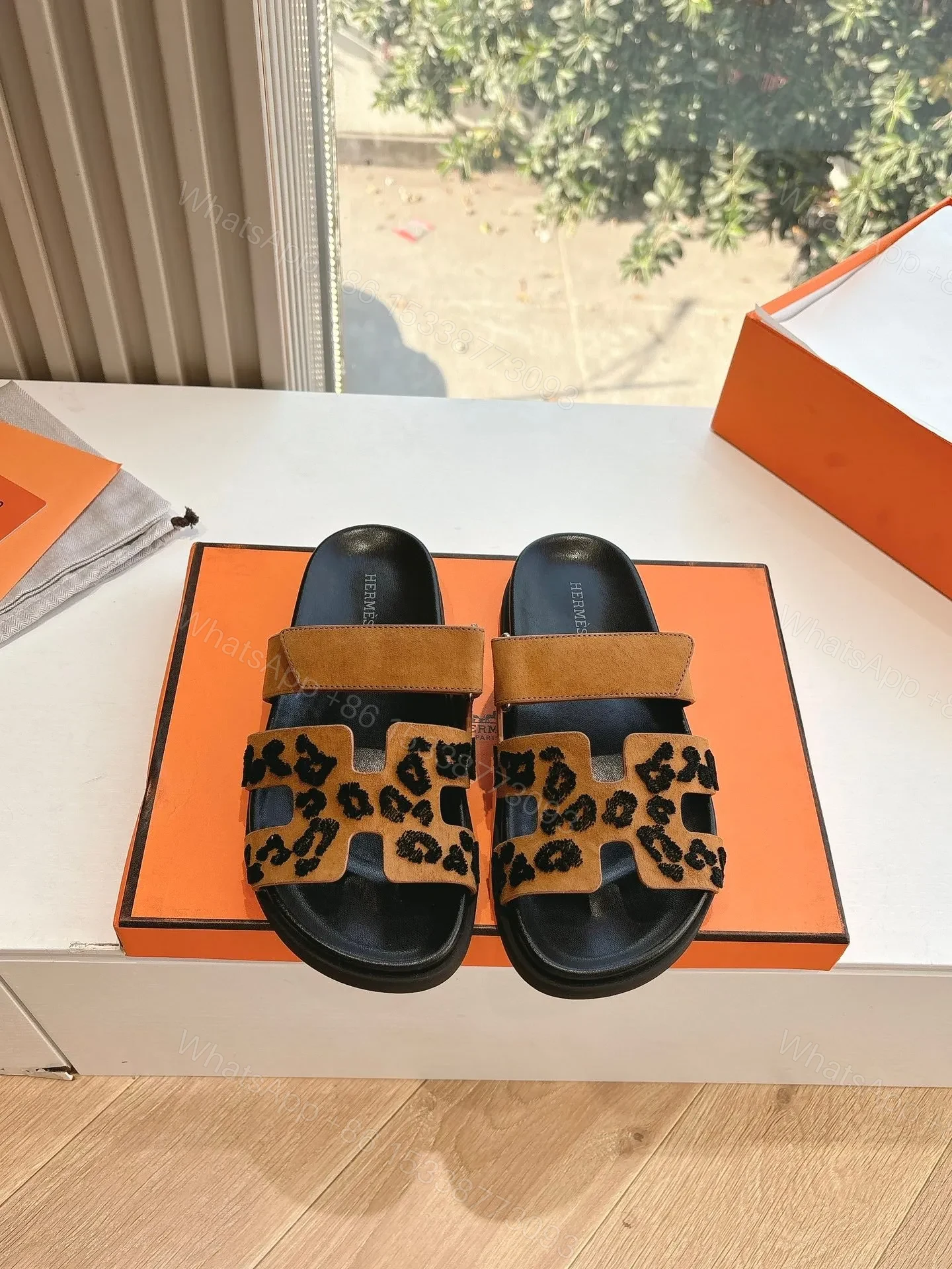 Hermes Women Tan Suede Leopard Print Slippers — view 1