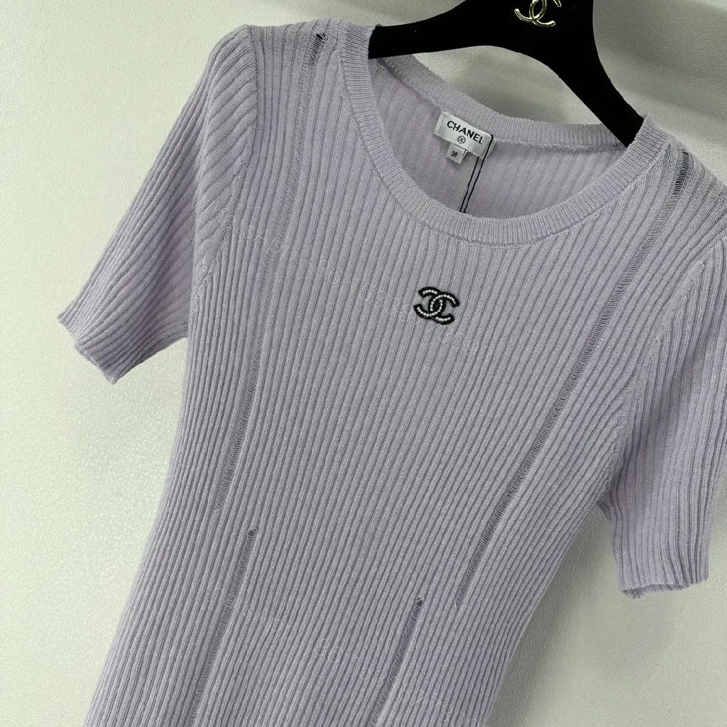 View 7 of Soft Lilac Knit Tee: Subtle Emblem, Effortless Luxury Top