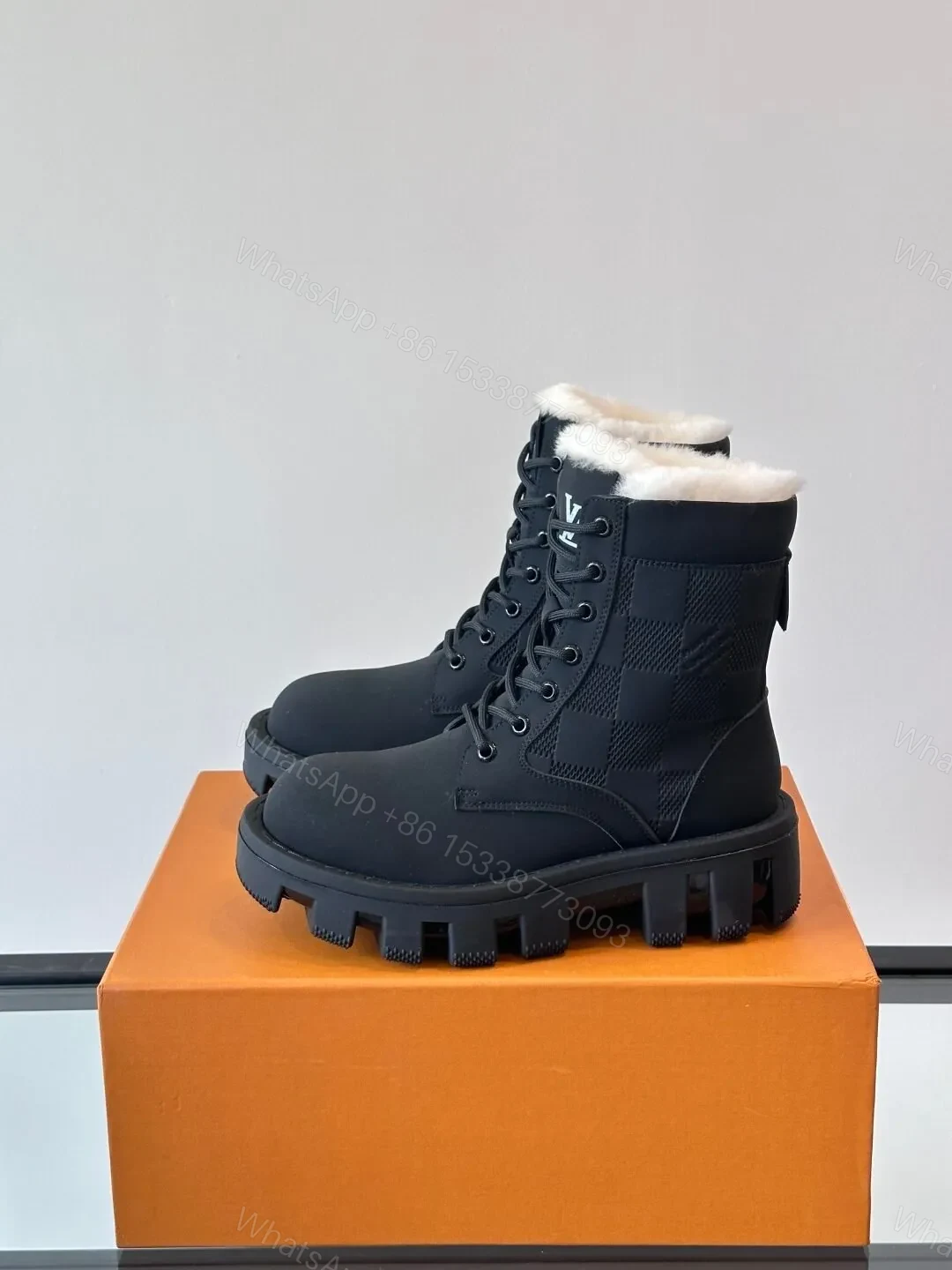 View 3 of LV Men Black Leather Fur Lined Boots